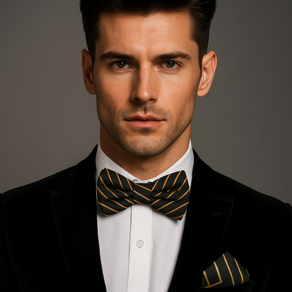 Man wearing a black suit with a patterned bow tie against a gray background