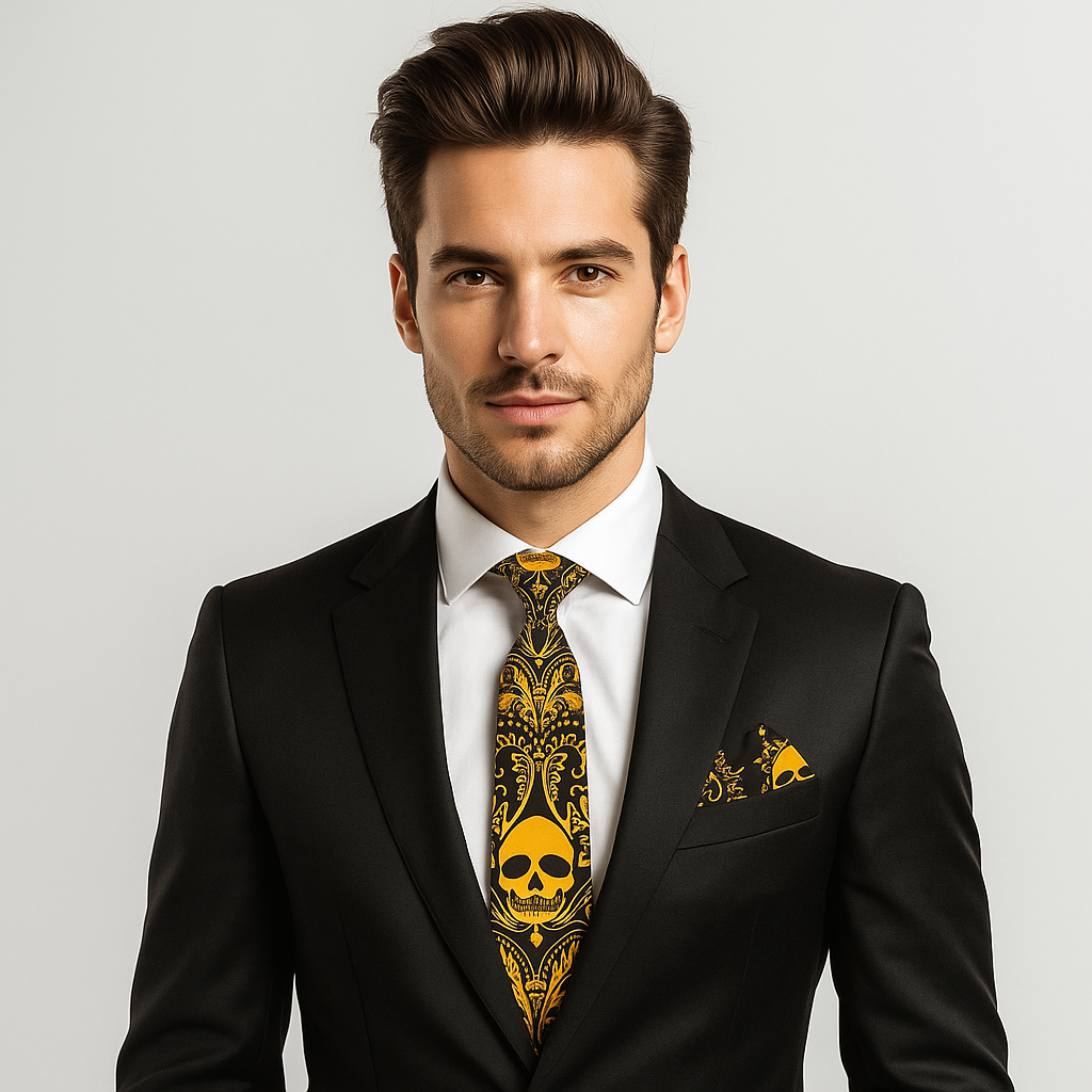Man wearing a black suit with a yellow patterned tie on a light gray background