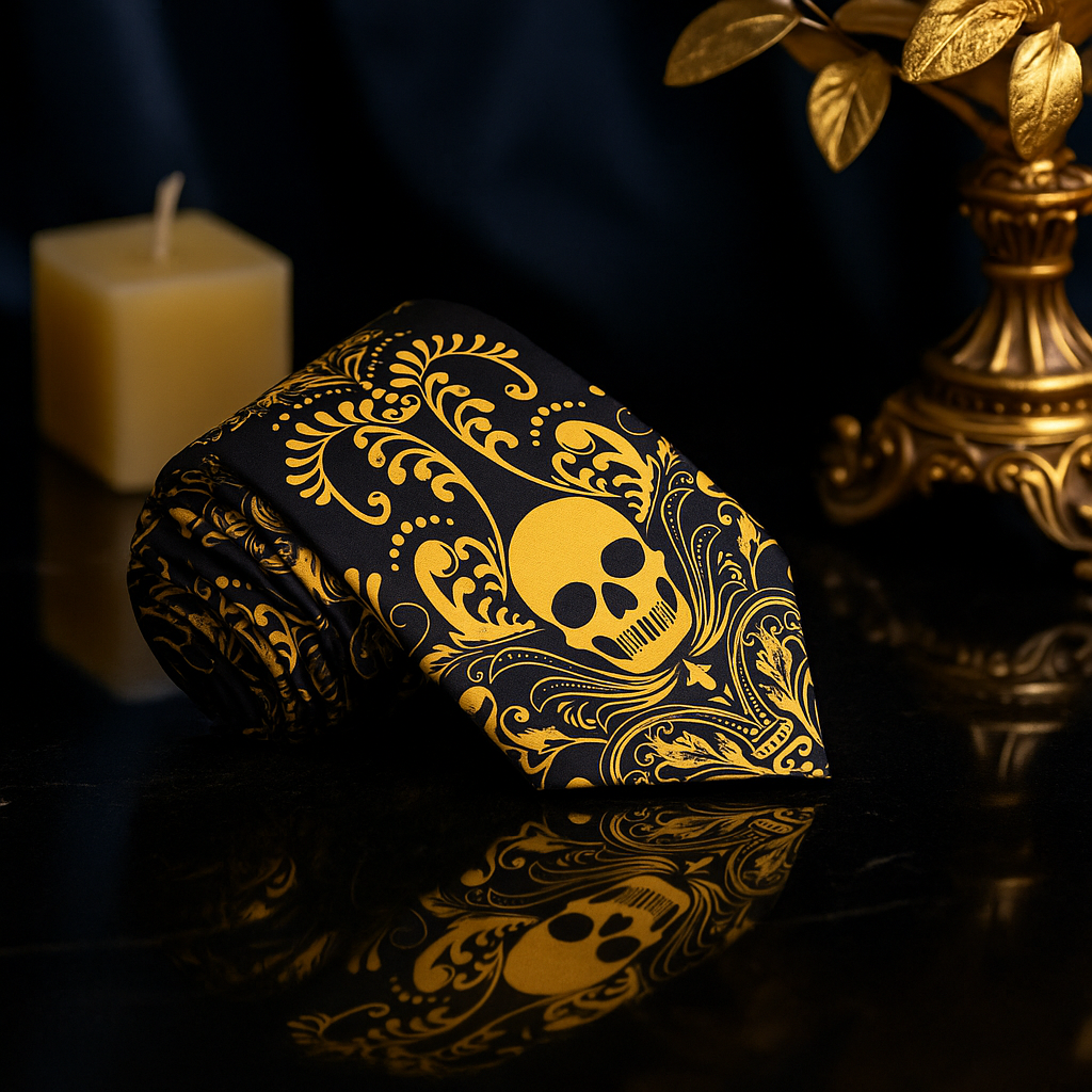 Black box with gold skull design on a reflective surface with a candle and decorative object in the background.