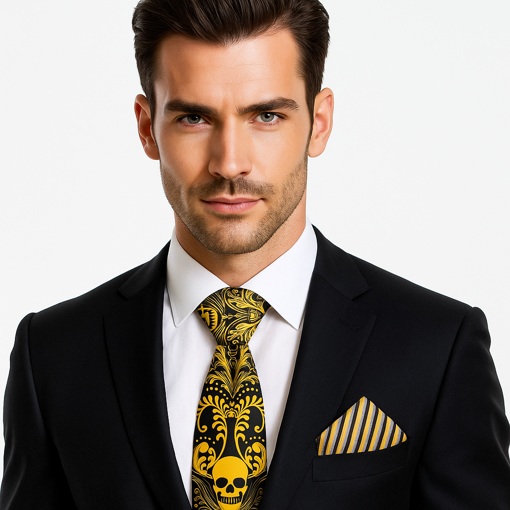 Man wearing a black suit with a yellow and black patterned tie and pocket square on a white background