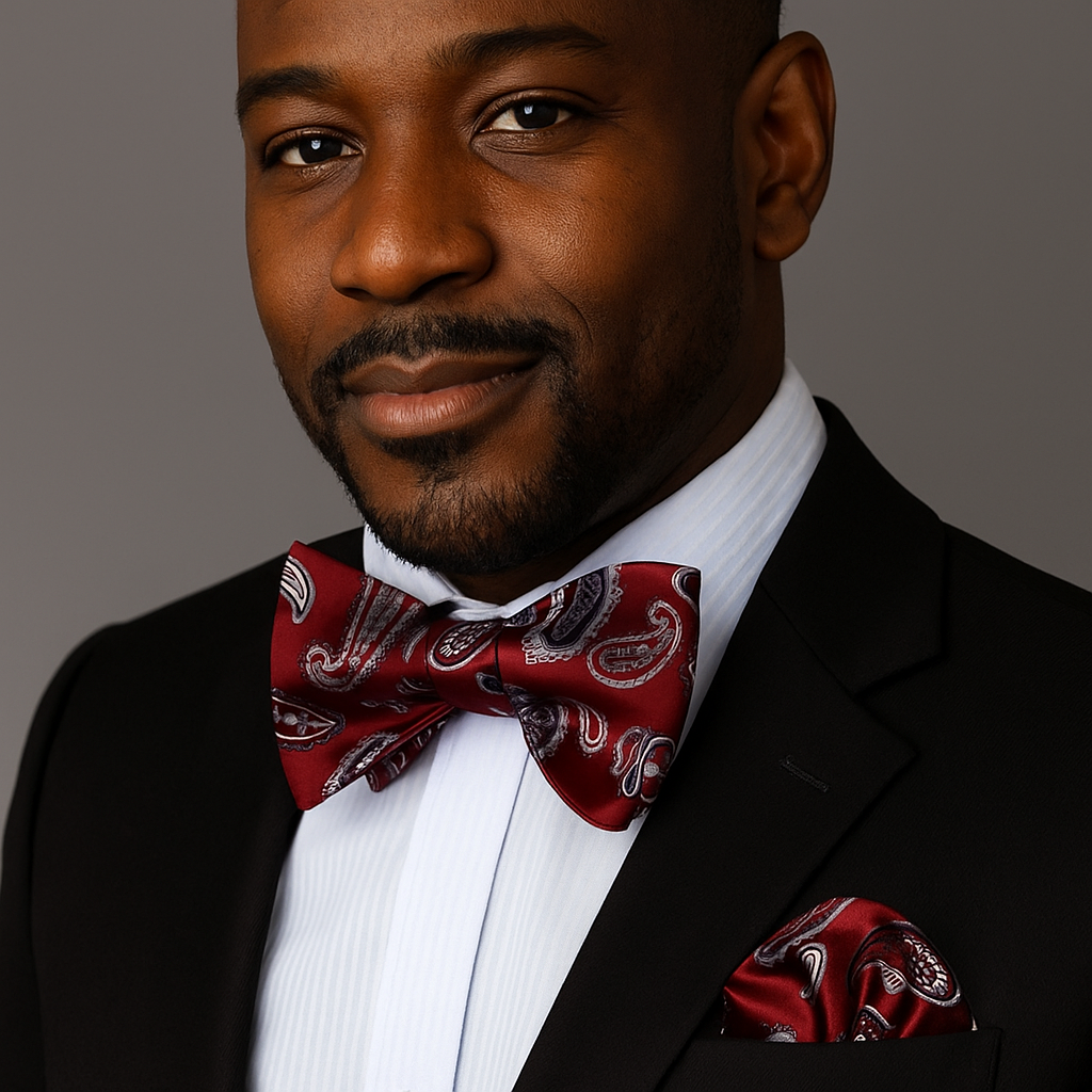 Man wearing a black suit with a red paisley bow tie and pocket square on a gray background