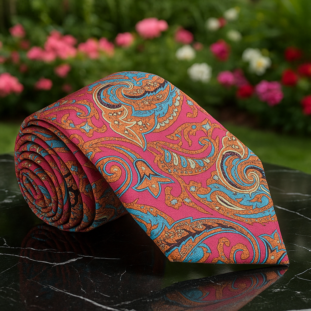Pink, Orange Paisley Necktie with colorful patterns on a reflective surface with flowers in the background