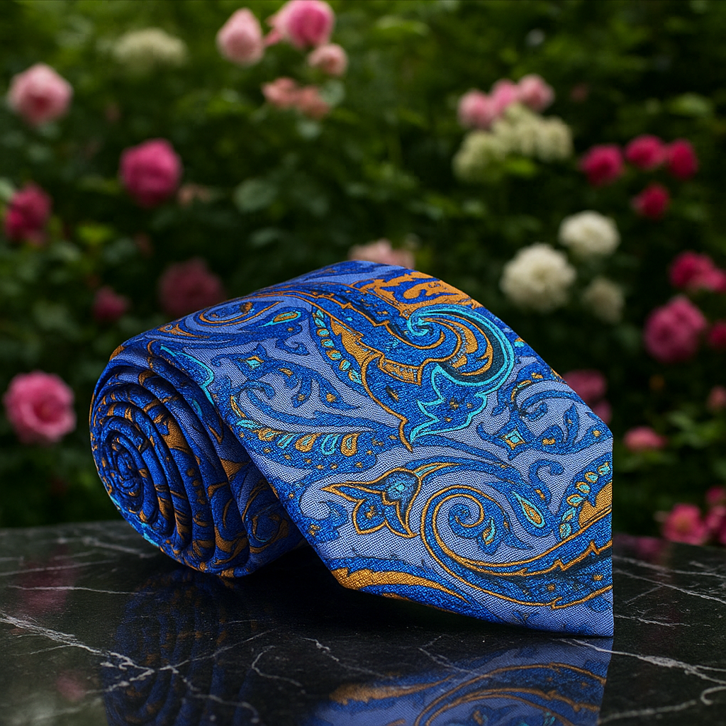 Blue, Yellow Paisley Tie on a reflective surface with flowers in the background