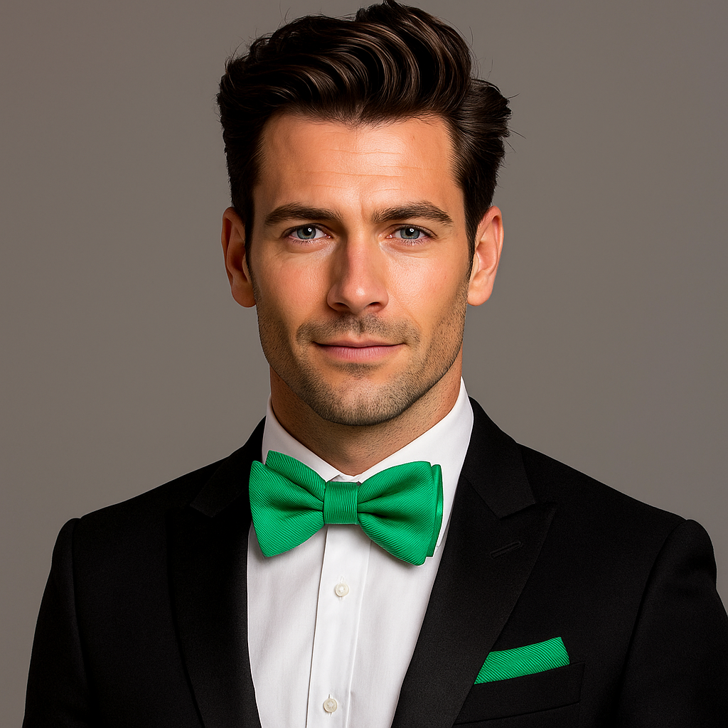 Man wearing a black suit with a green bow tie and pocket square on a gray background