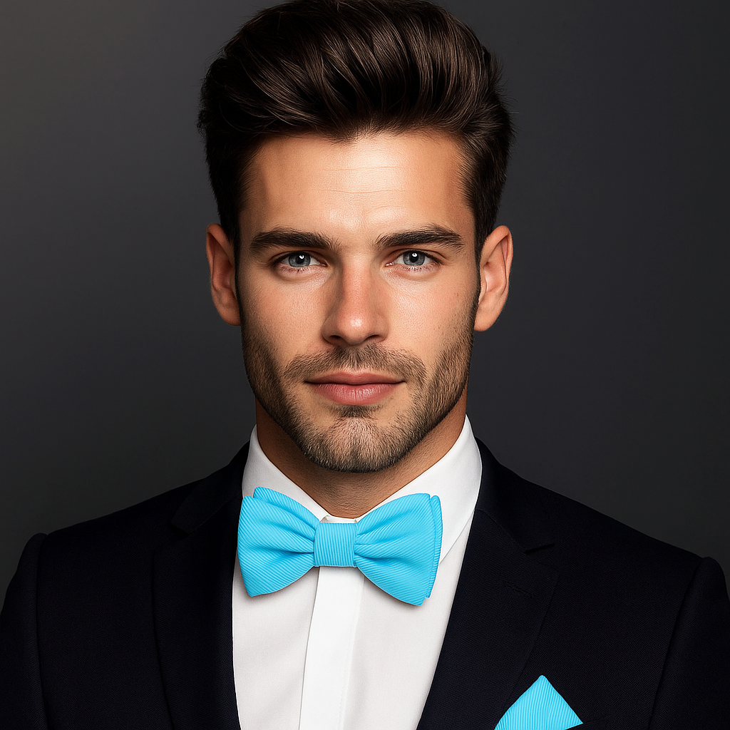 Man wearing a black suit with a white shirt and blue bow tie against a dark background