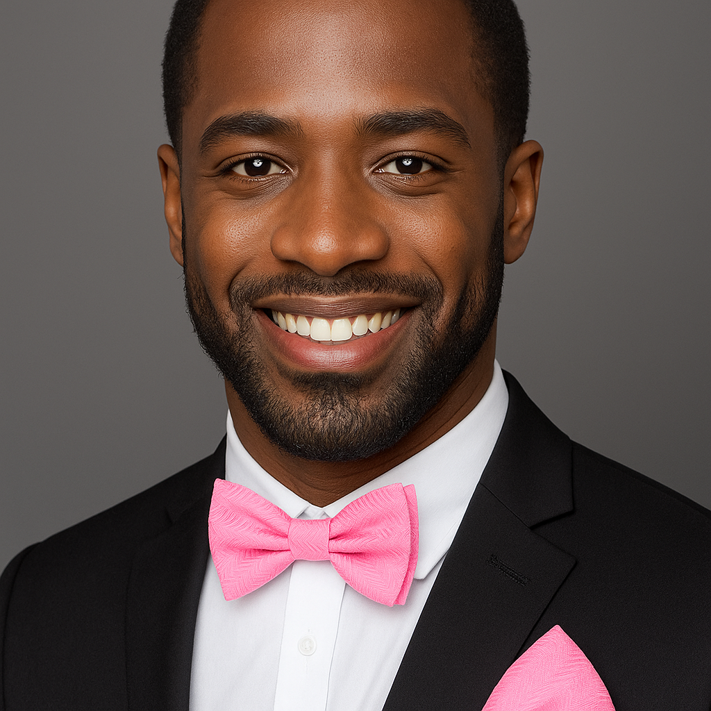 Man wearing a black suit with a pink bow tie against a gray background