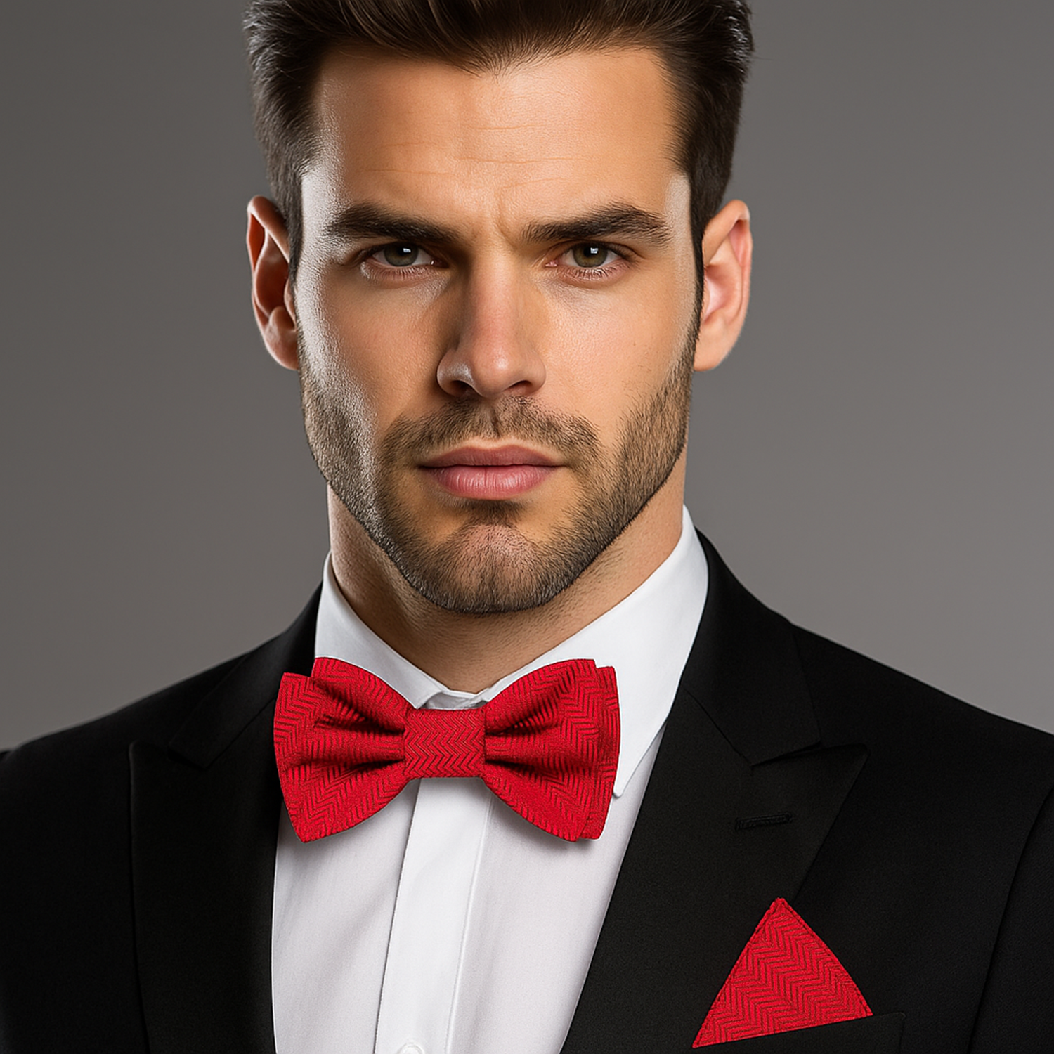 Man wearing a black suit with a red bow tie and pocket square on a gray background
