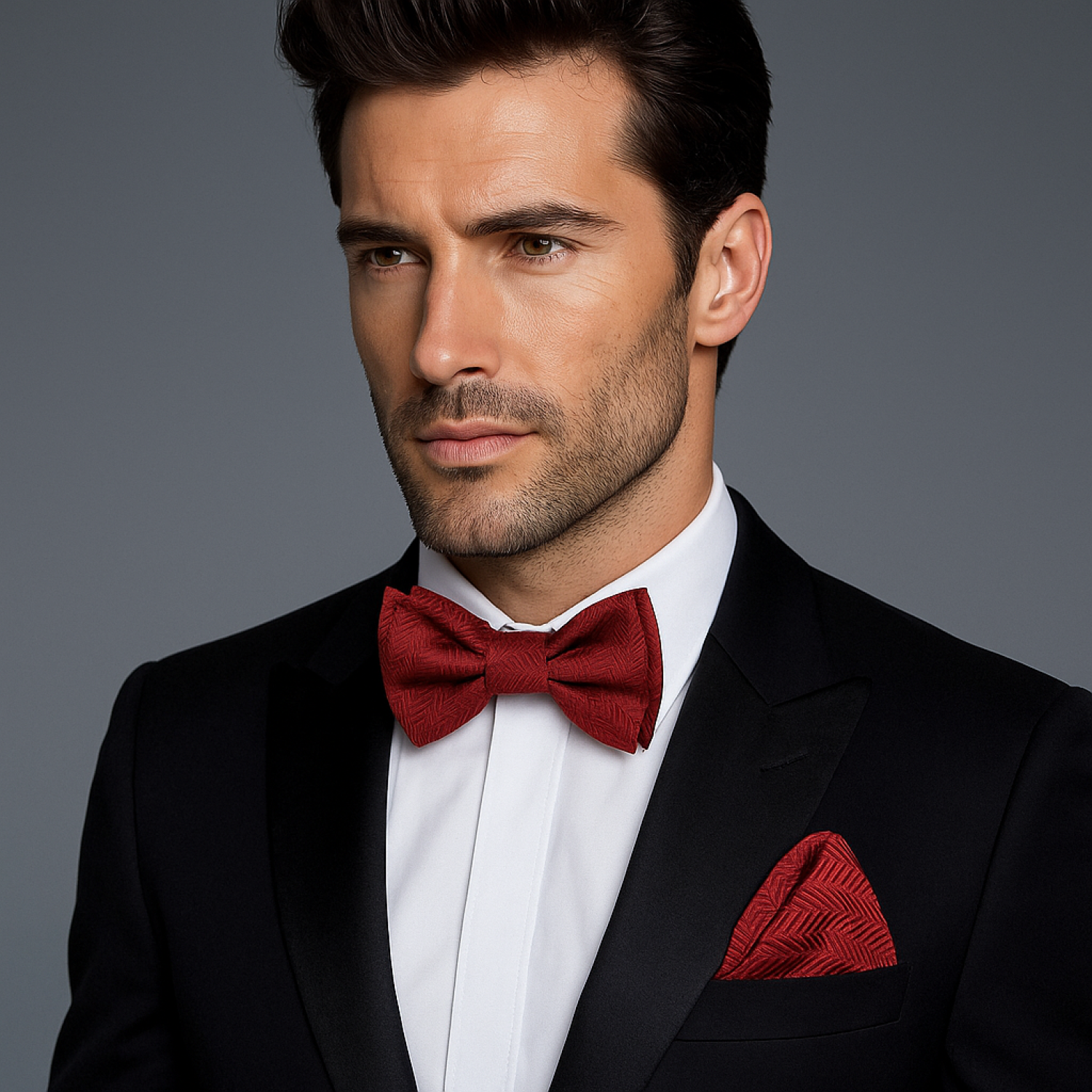 Man wearing a black suit with a Garnet Red Solid Pattern Self Tie Bow Tie, Matching Pocket Square on a gray background