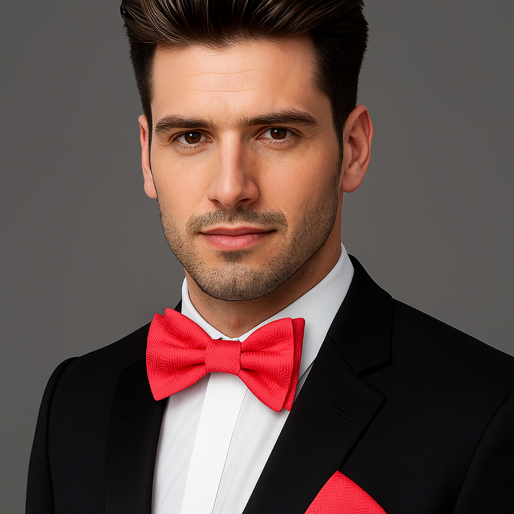 Man wearing a black suit with a A Coral Solid Pattern Self Tie Bow Tie, Matching Pocket Square against a gray background