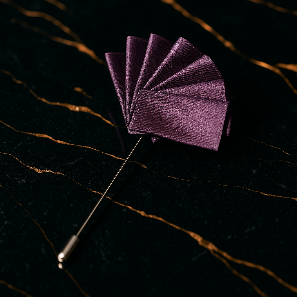 Purple lapel pin on a dark background with gold accents