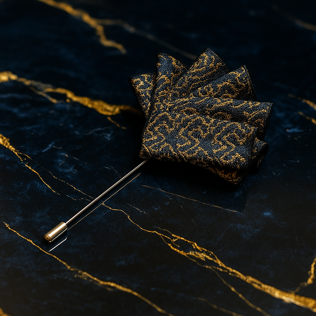 lapel pin with dark blue and silver design on a stand with a blurred background
