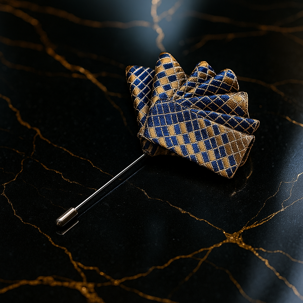 A Golden Brown with Blue Check Pocket Square Lapel Pin||Golden Brown with Blue Check