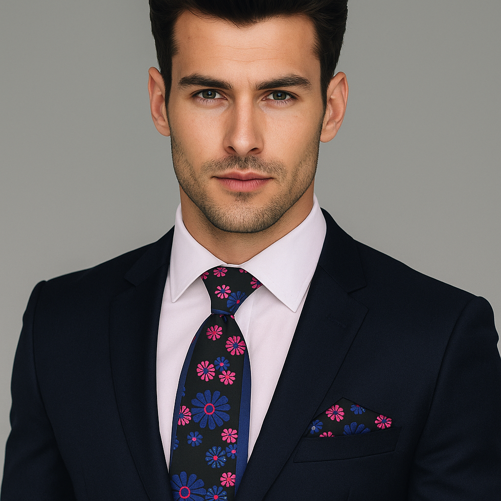 Man wearing a dark suit with a colorful floral tie and pocket square on a gray background
