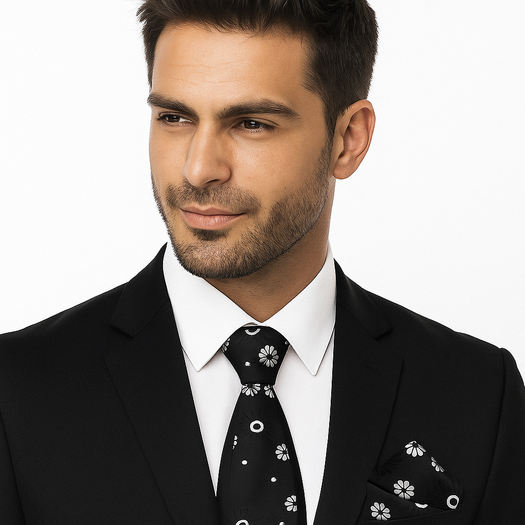 Man wearing a black suit with a white shirt and black and light grey floral patterned tie on a white background