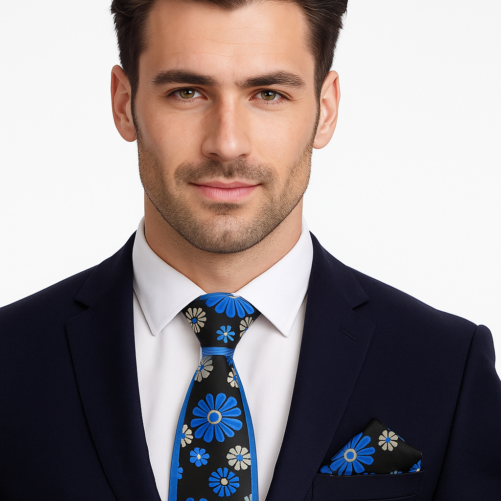 Man wearing a dark suit with a blue floral tie and pocket square on a gray background