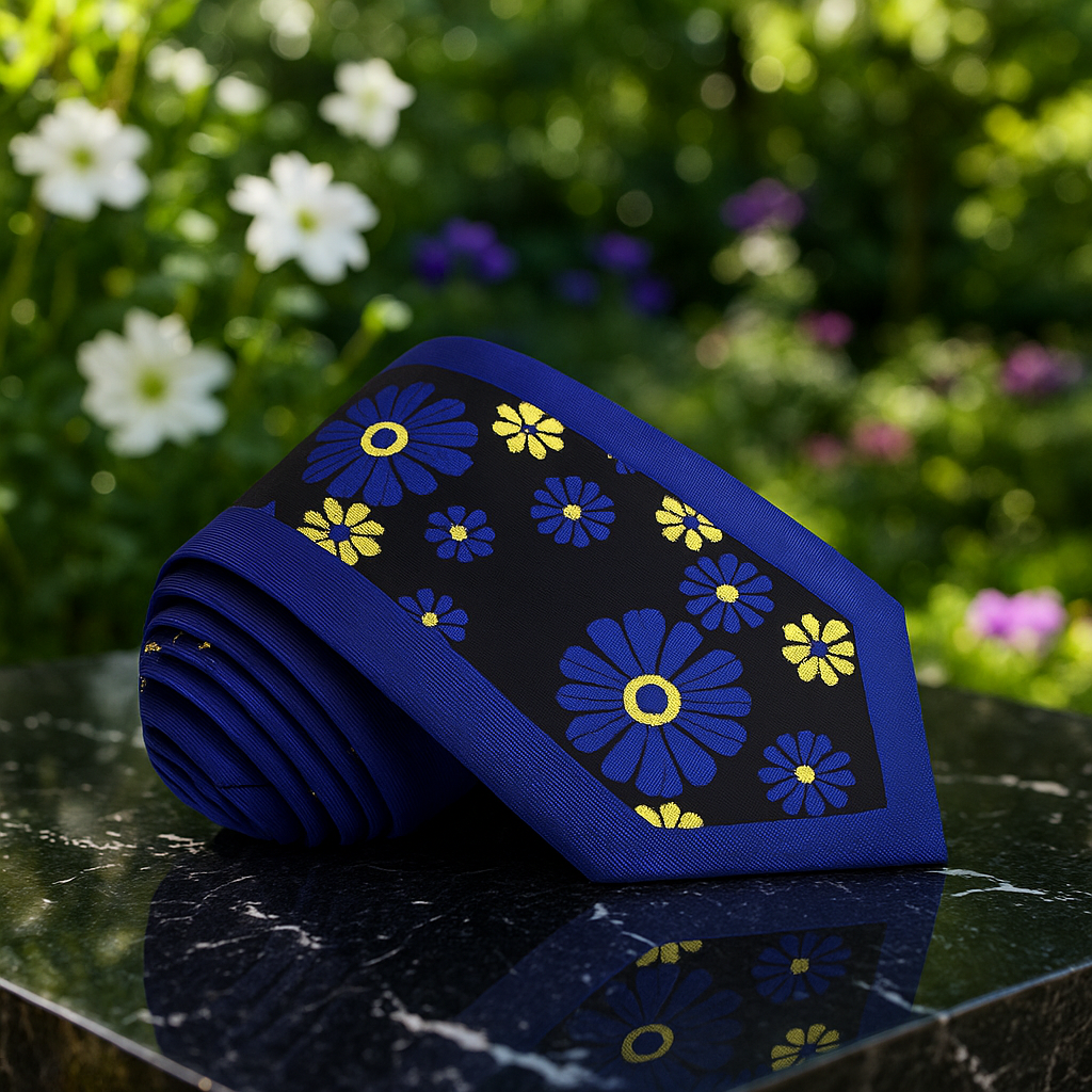 Blue tie with floral pattern on a reflective surface with a garden background