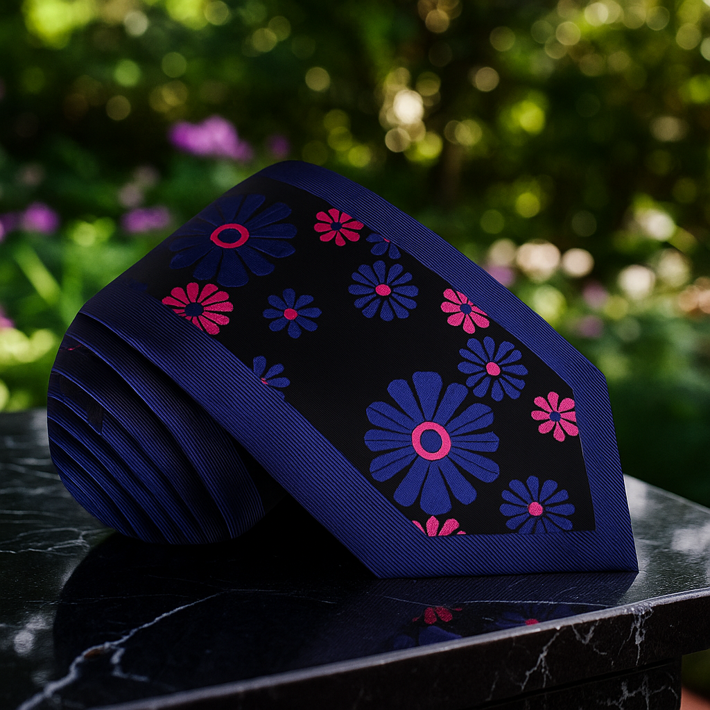 Blue tie with pink and purple floral patterns on a dark surface with a blurred green background