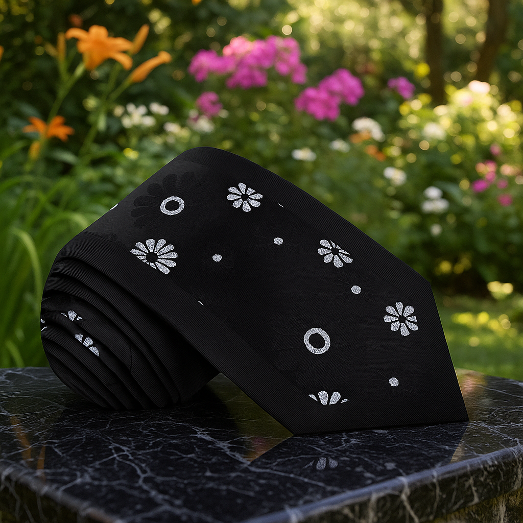 Black tie with white floral patterns on a stone surface with flowers in the background