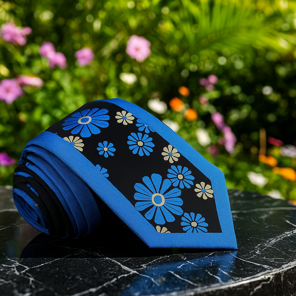 Blue floral-patterned tie on a black surface with a blurred natural background