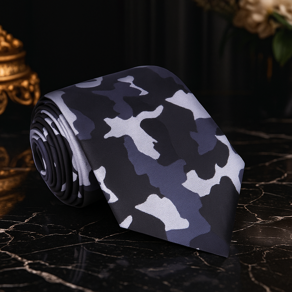 Roll of camouflage-patterned fabric on a dark surface with decorative elements.