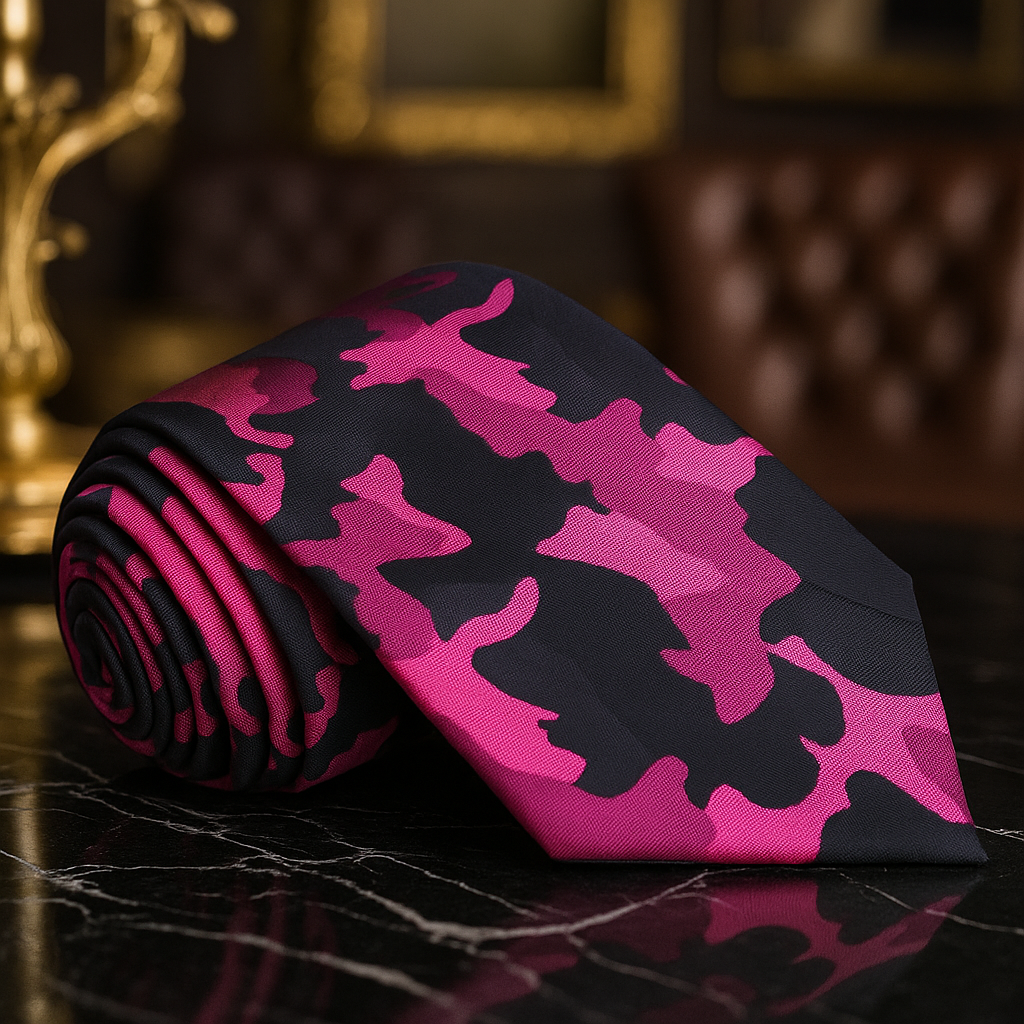 A Pink, Dark Pink, Black Color Camouflage Fleck Pattern Necktie on a dark surface with a blurred background