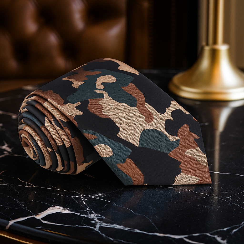 A Brown, Olive Green, Black Color Camouflage Fleck Pattern Necktie