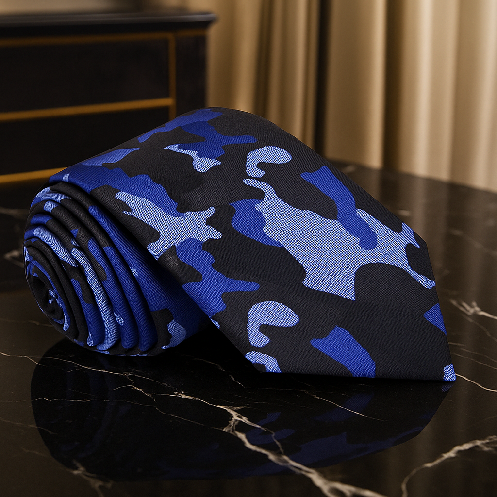 A Blue, Dark Blue, Black Color Camouflage Fleck Pattern Necktie