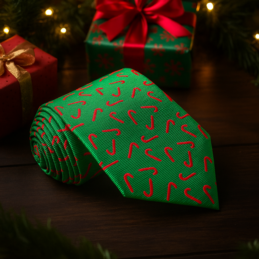Green tie with red candy cane pattern on a wooden surface with Christmas decorations in the background