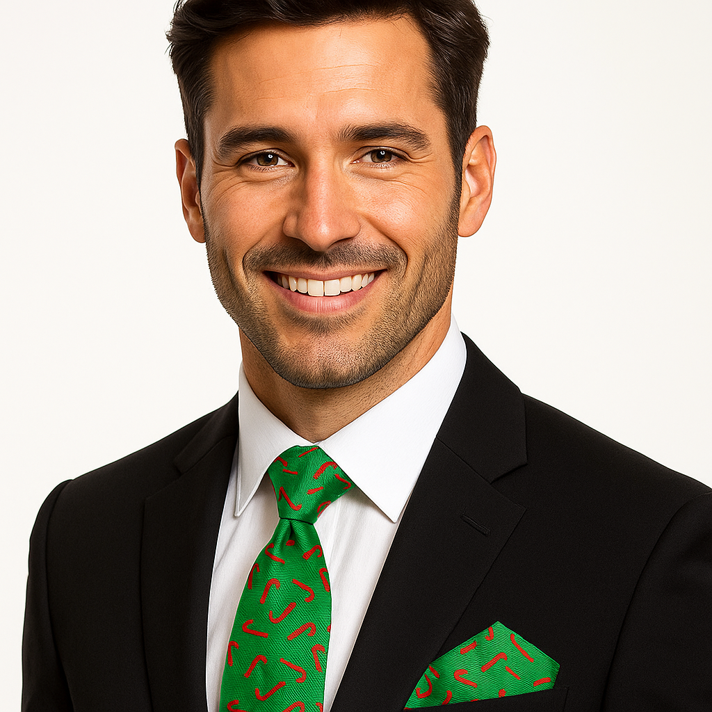 Man wearing a black suit with a green and red patterned tie and pocket square on a white background