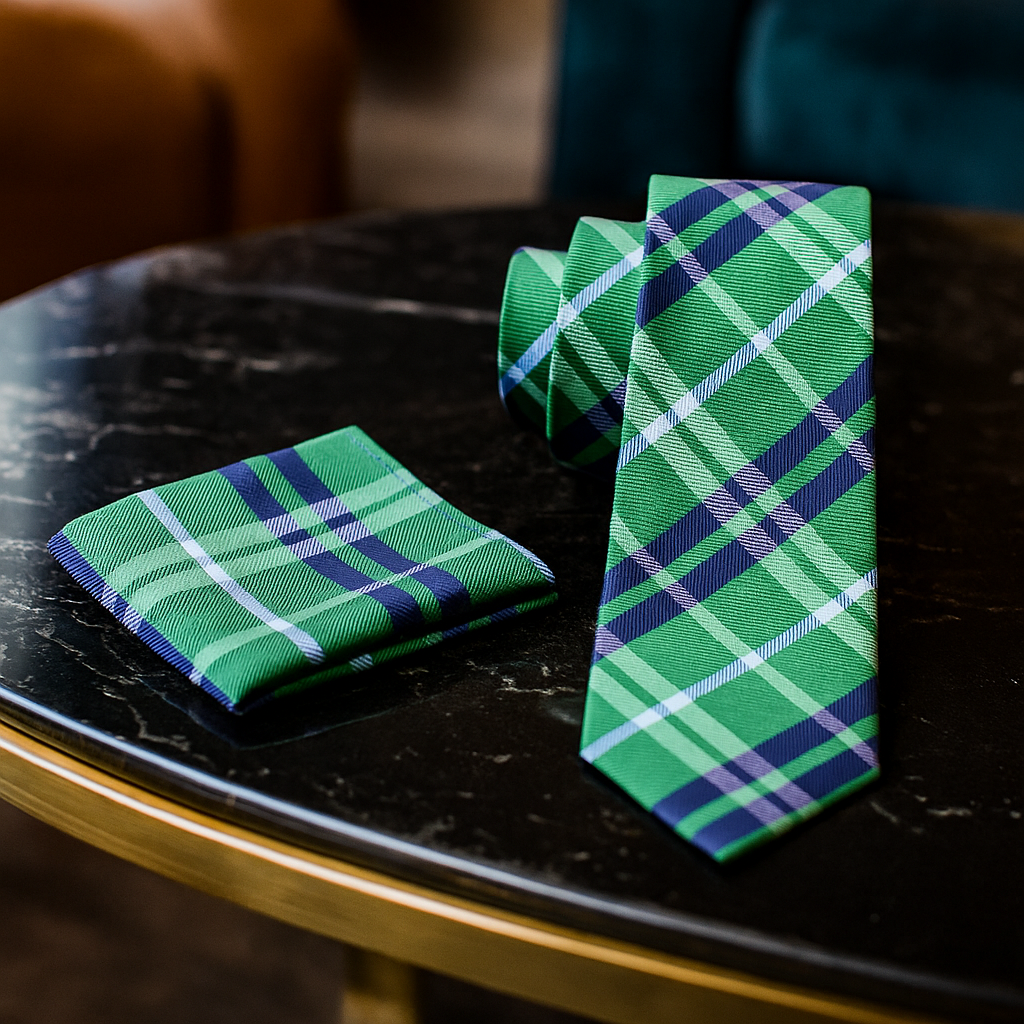 Green plaid tie and pocket square set on a dark marble surface