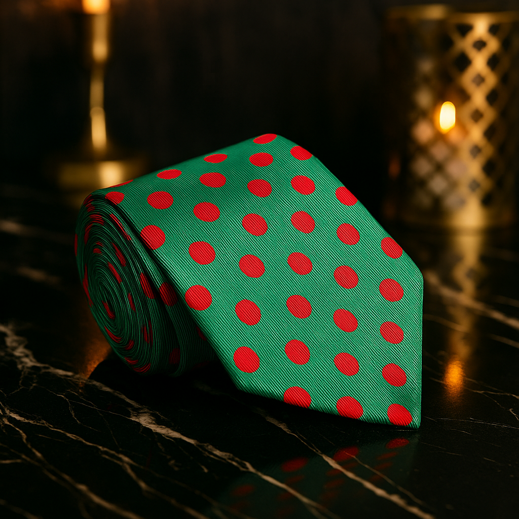 Green tie with red polka dots on a dark textured surface