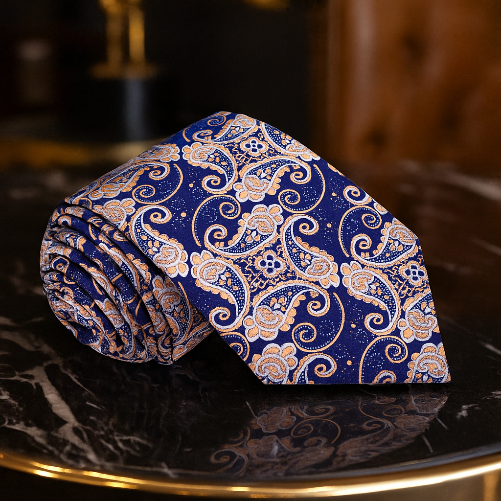 Folded blue paisley fabric on a dark surface with a blurred background