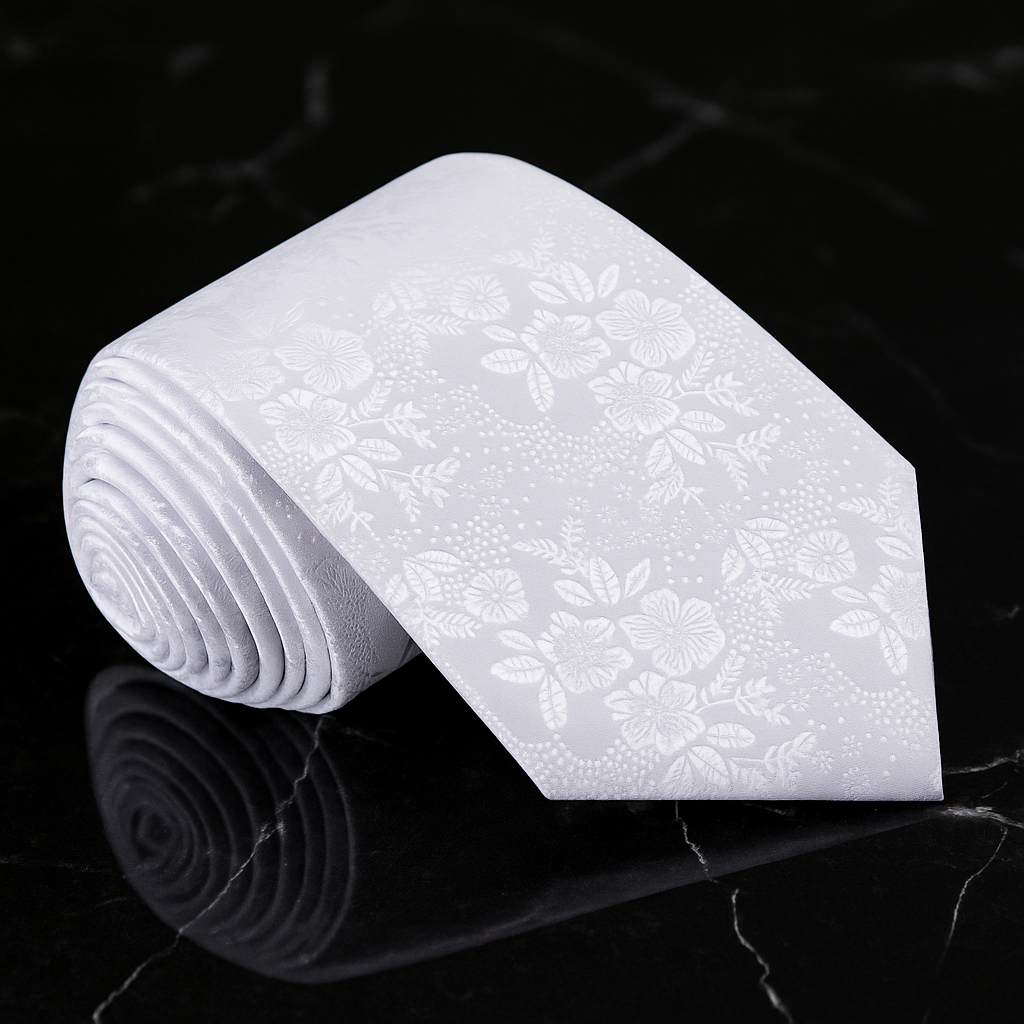 White floral-patterned tie on a black reflective surface
