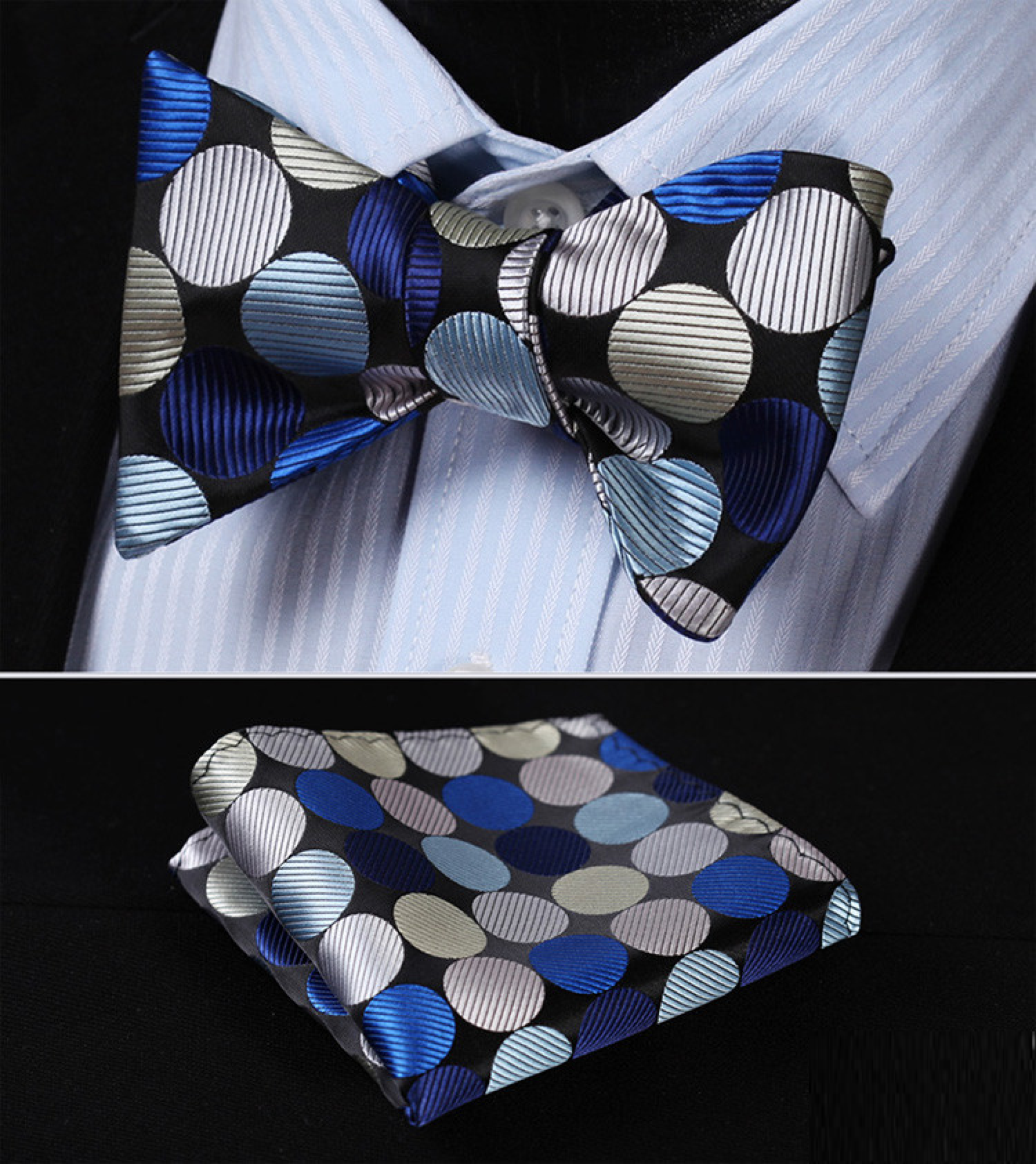 Main View: A Black, Blue, Silver Large Polka Pattern Self Tie Bow Tie, Matching Pocket Square