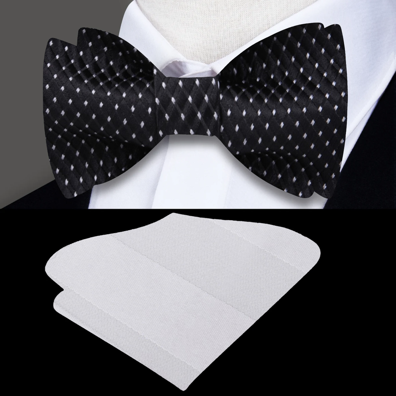 Black Small Geometric Diamond With Small Dots Pattern Self Tie Bow Tie With Grey Stripe Pocket Square