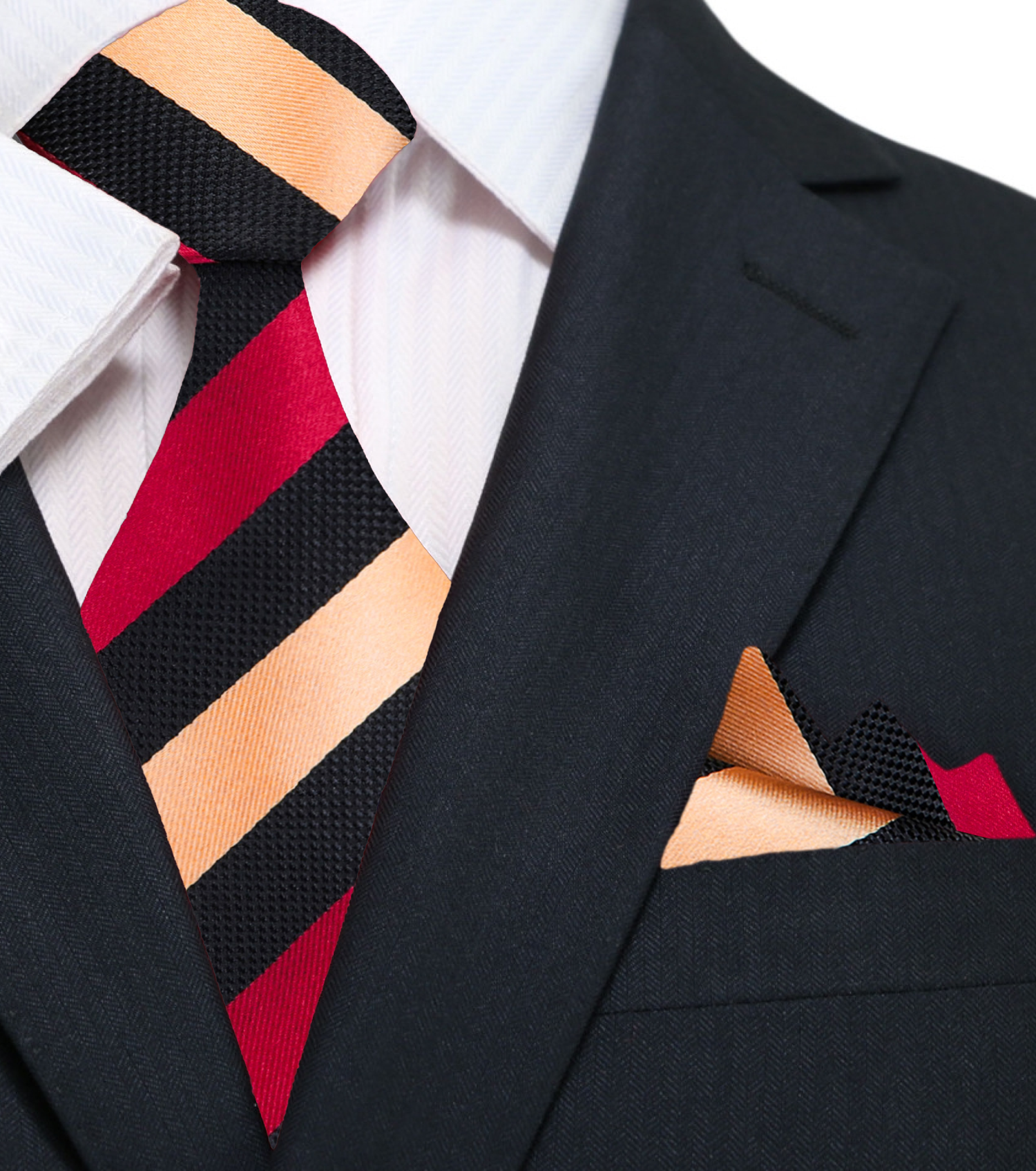 Main: Gold, Black, Burgundy Stripe Tie and Pocket Square||Black, Gold, Deep Red