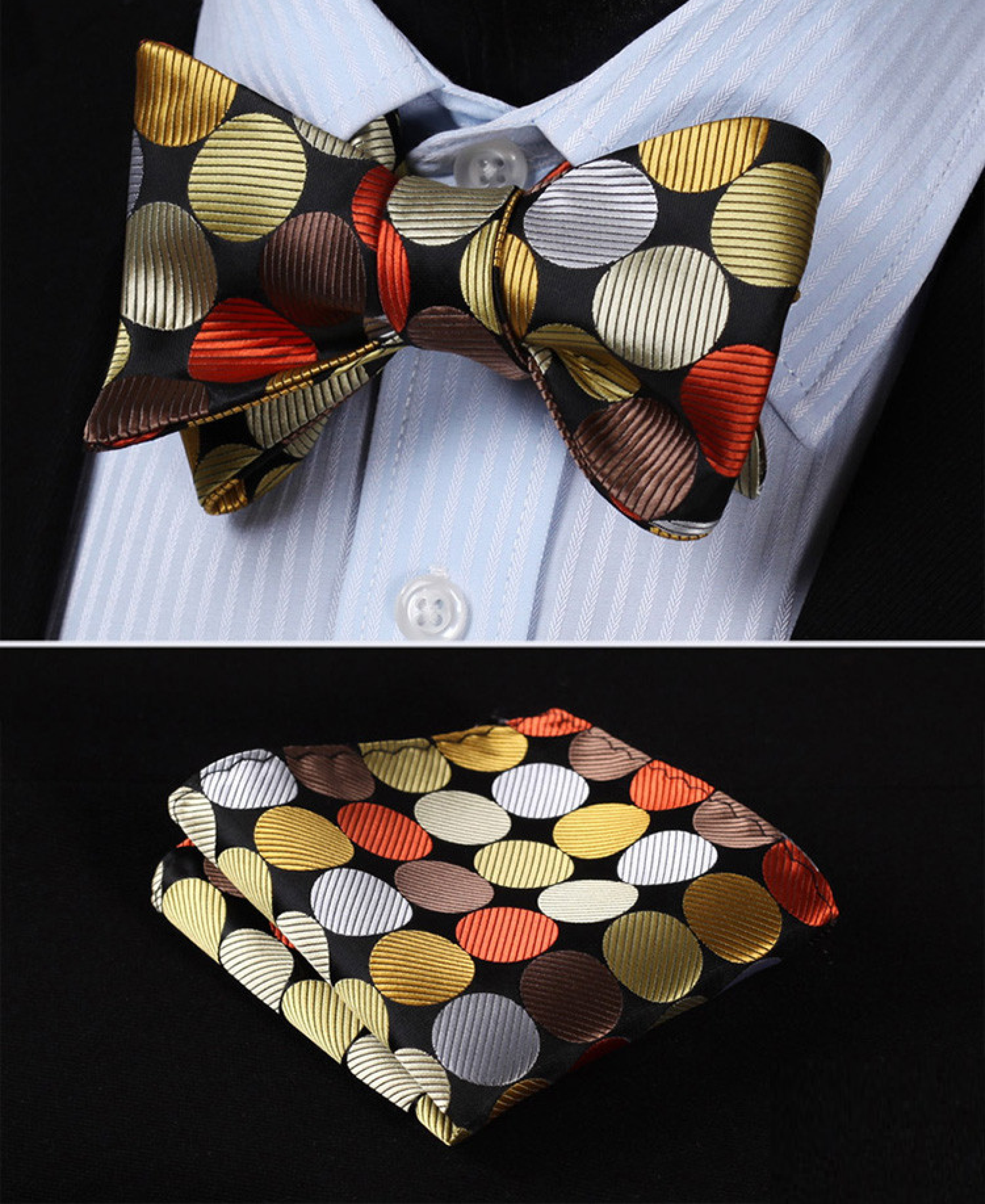 Main View: An Orange, Gold, Brown Large Polka Pattern  Self Tie Bow Tie, Matching Pocket Square