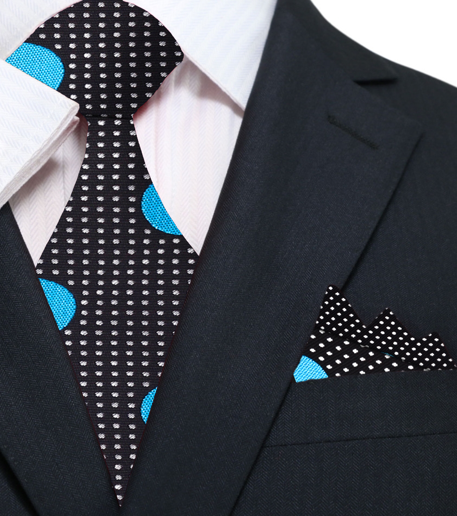 A Black, Light Blue Dots Pattern Silk Necktie, Matching Pocket Square
