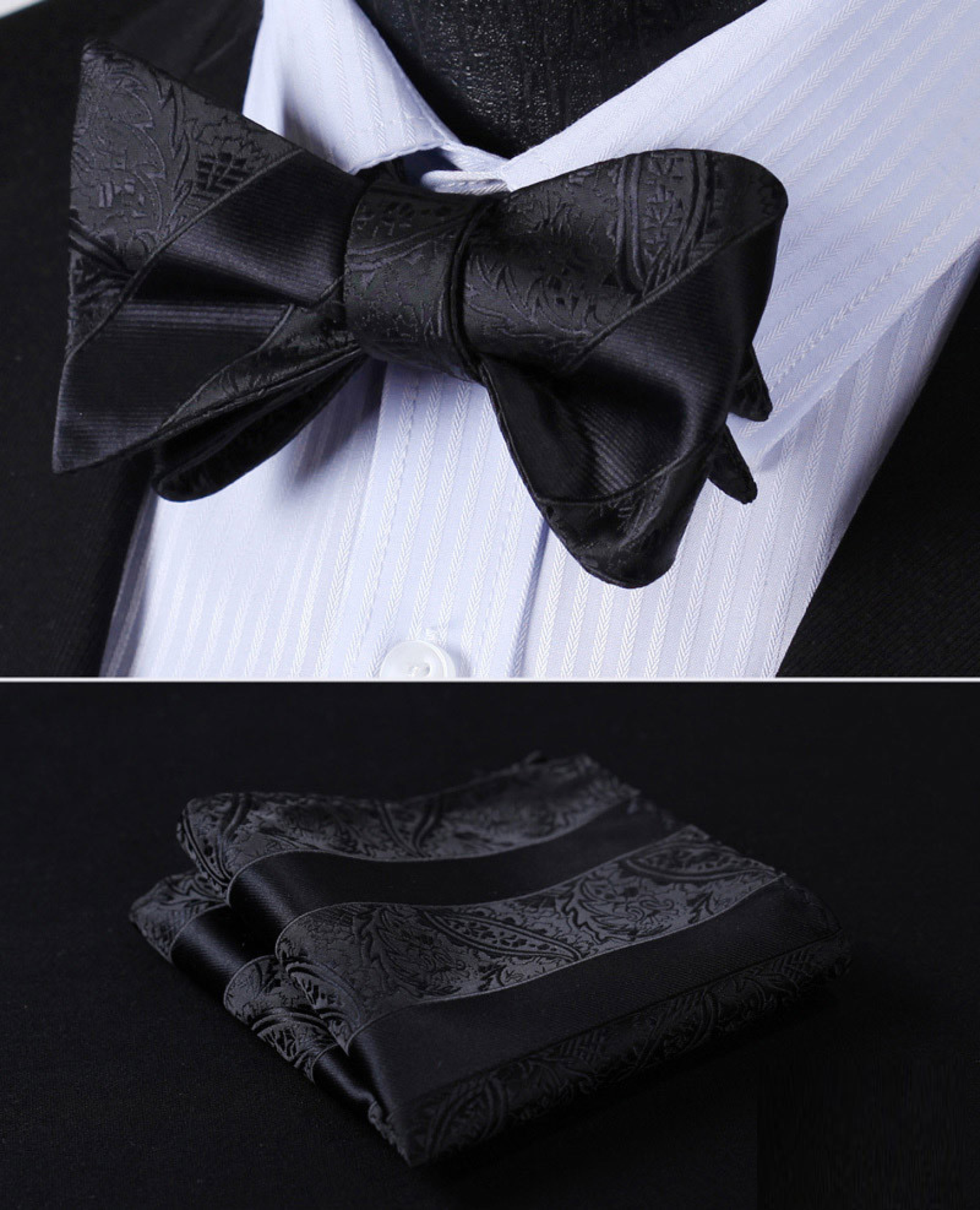 Self Tie Black Paisley Bow Tie and Pocket Square