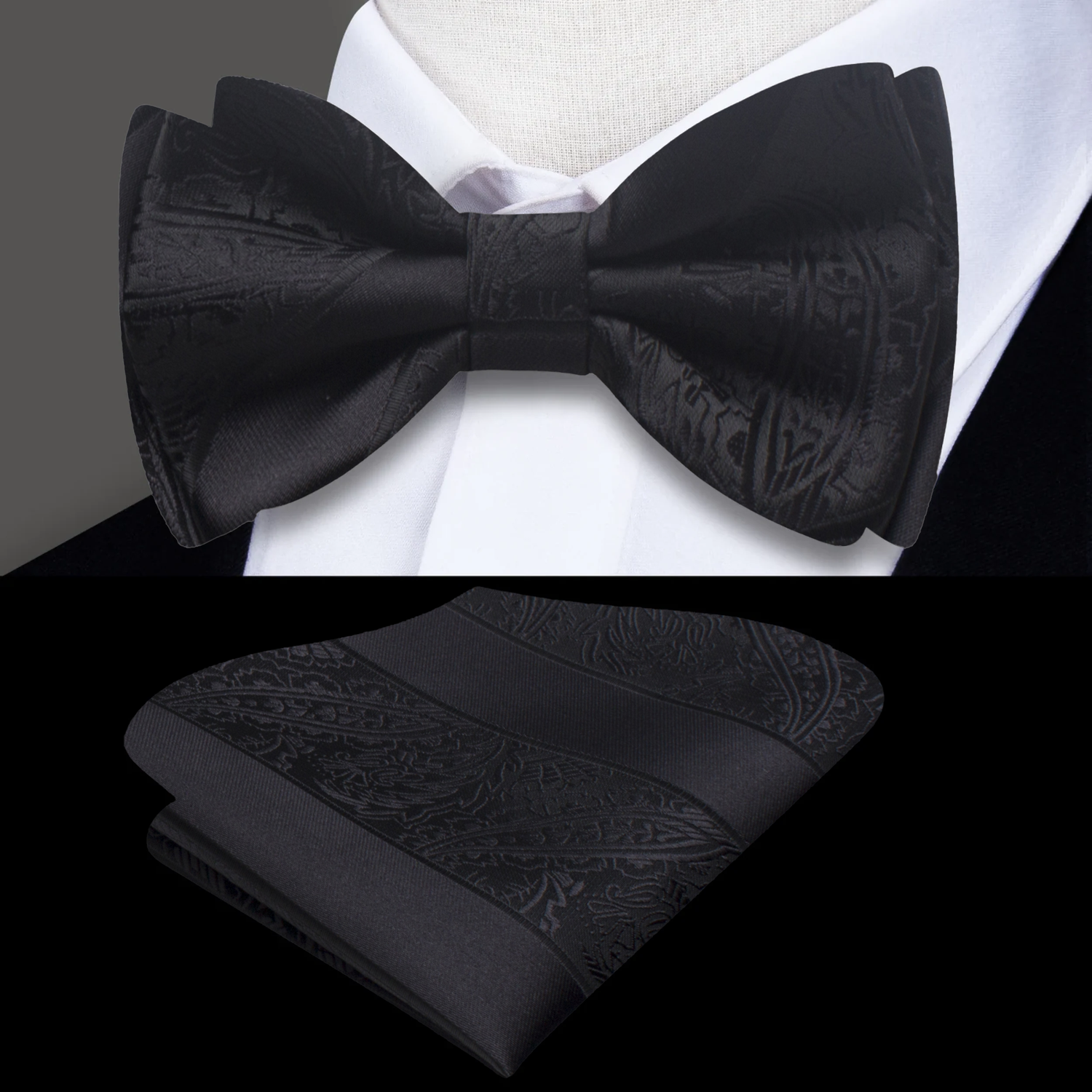 A set of black bow tie with paisley and stripe pattern, displayed with a matching pocket square.