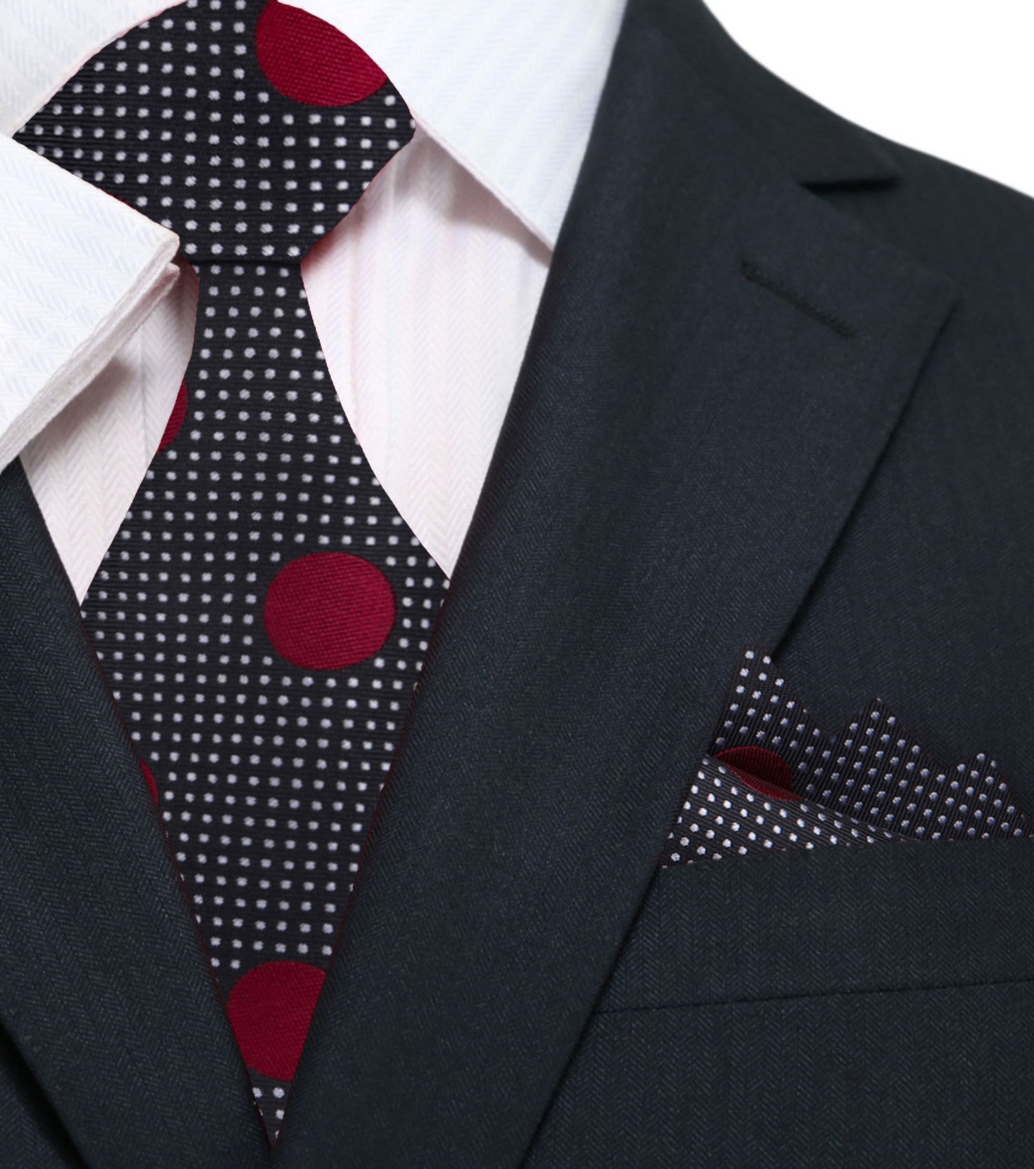 Main: black burgundy polka tie and square||Black, Burgundy Dot