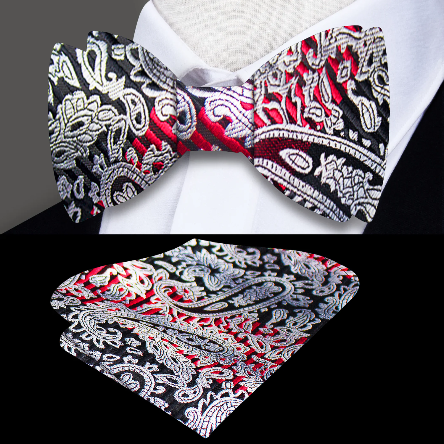 Main: Black Red Silver Paisley Mixer Bow Tie and Square