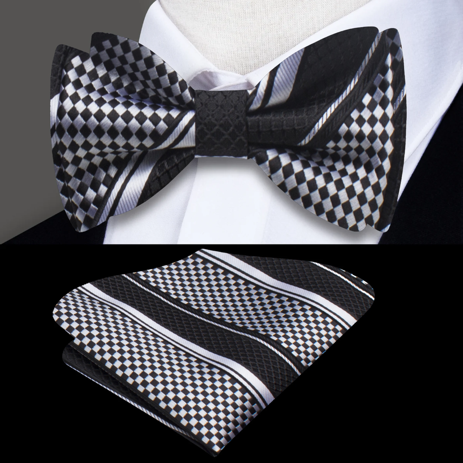View 2: Black, Grey Check Bow Tie and Pocket Square