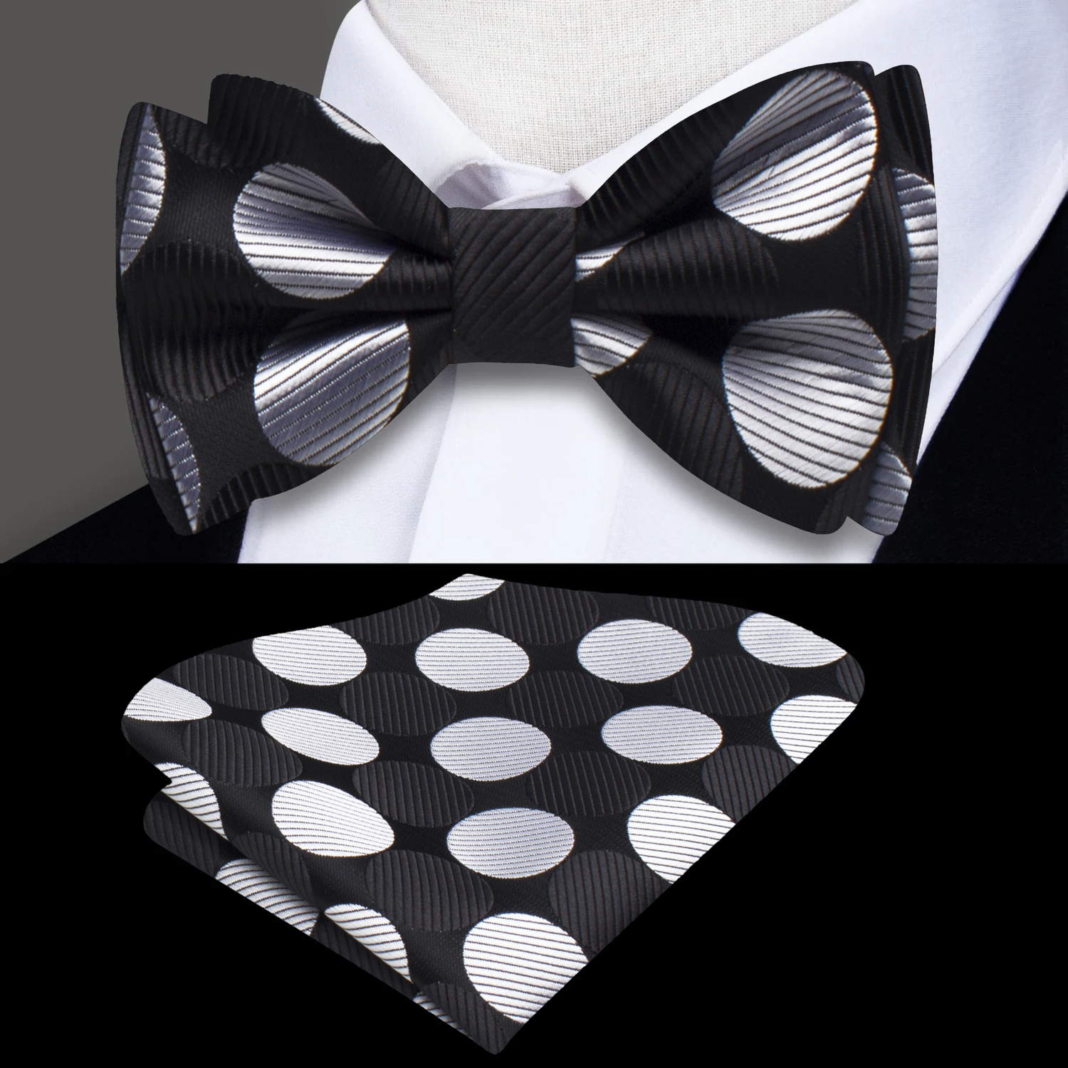 Black, Silver Big Polka Bow Tie and Pocket Square