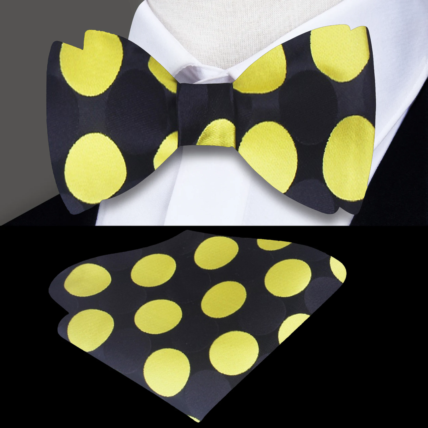 Black, Yellow Big Polka Bow Tie and Pocket Square