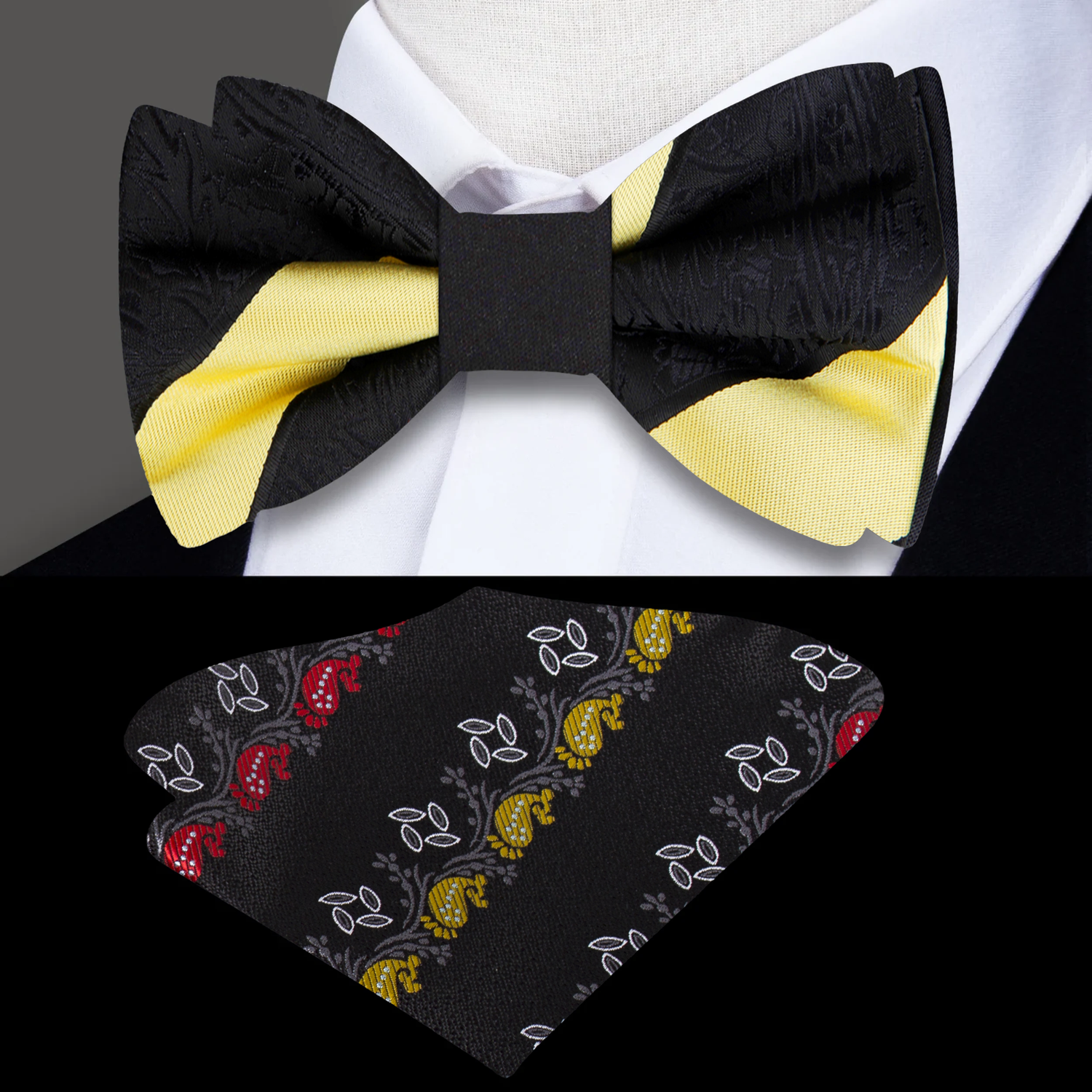 Black Yellow Luxurious Paisley Stripe Double Sided Bow Tie and Accenting Square