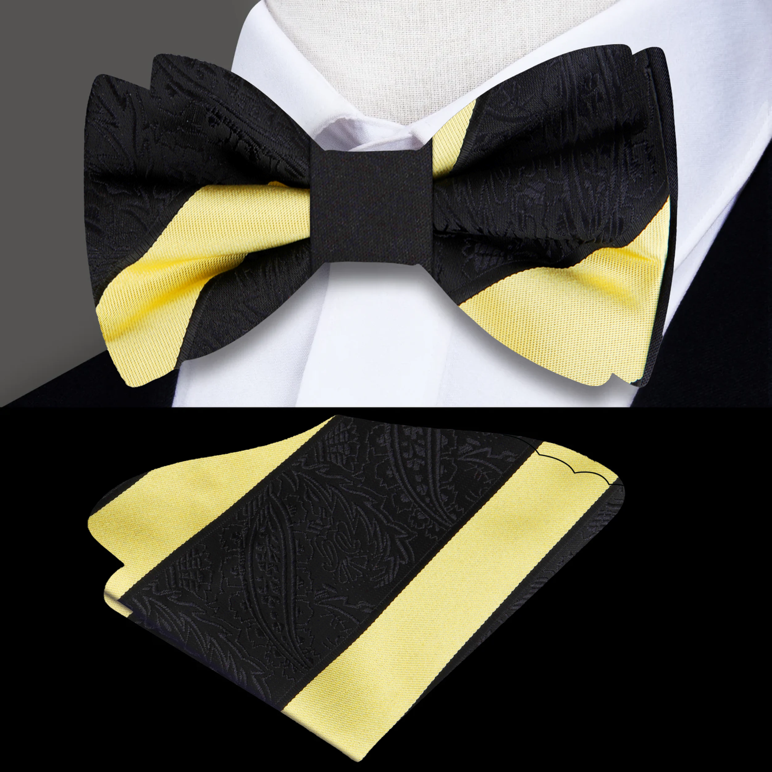 Black Yellow Luxurious Paisley Stripe Double Sided Bow Tie and Square