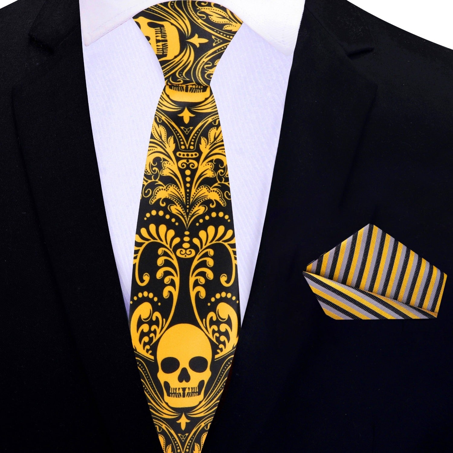 Thin: Black and Yellow Gold Intricate Skull Tie and Pocket Square