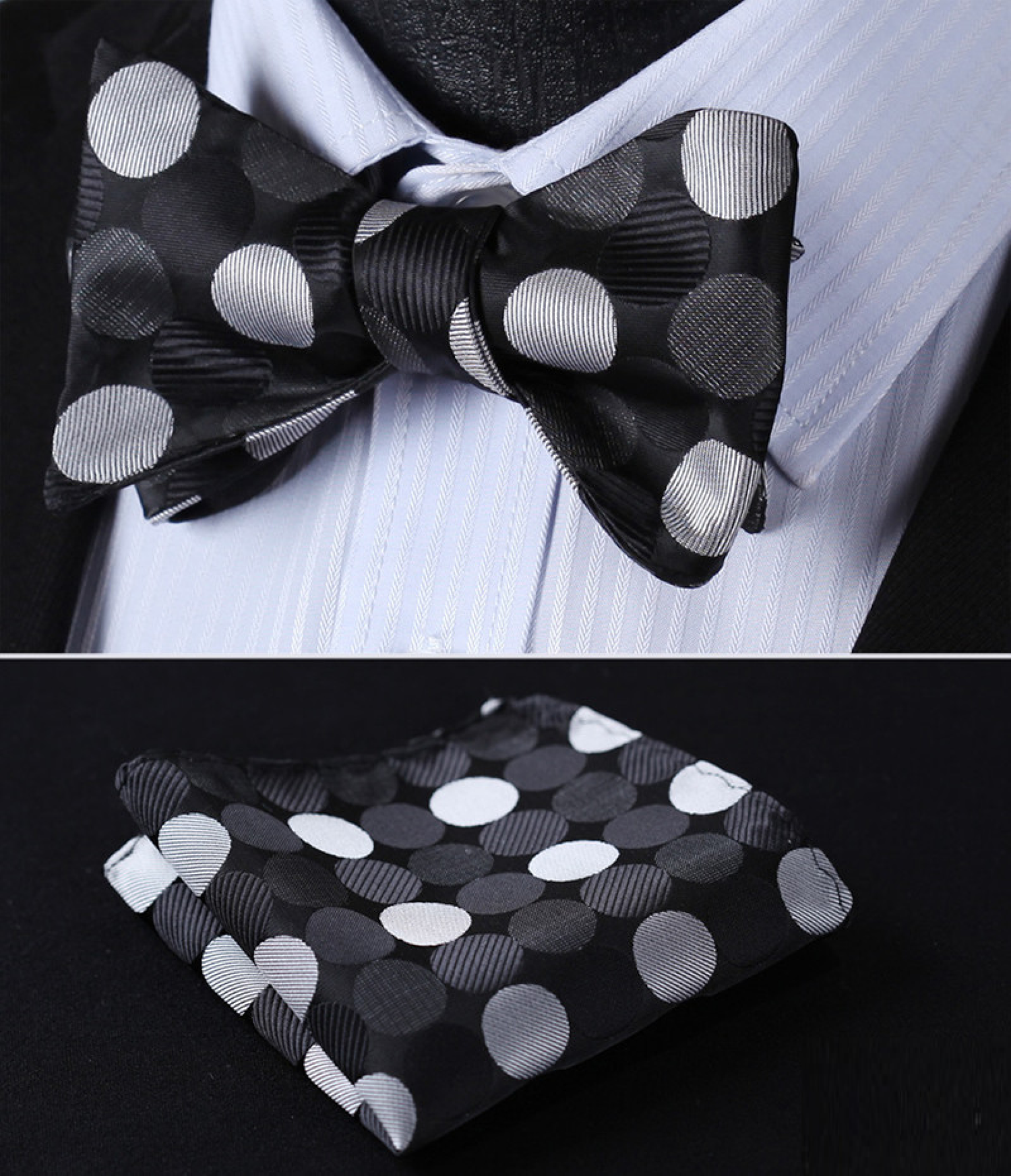 Main View: Black, Silver Big Polka Bow Tie and Pocket Square