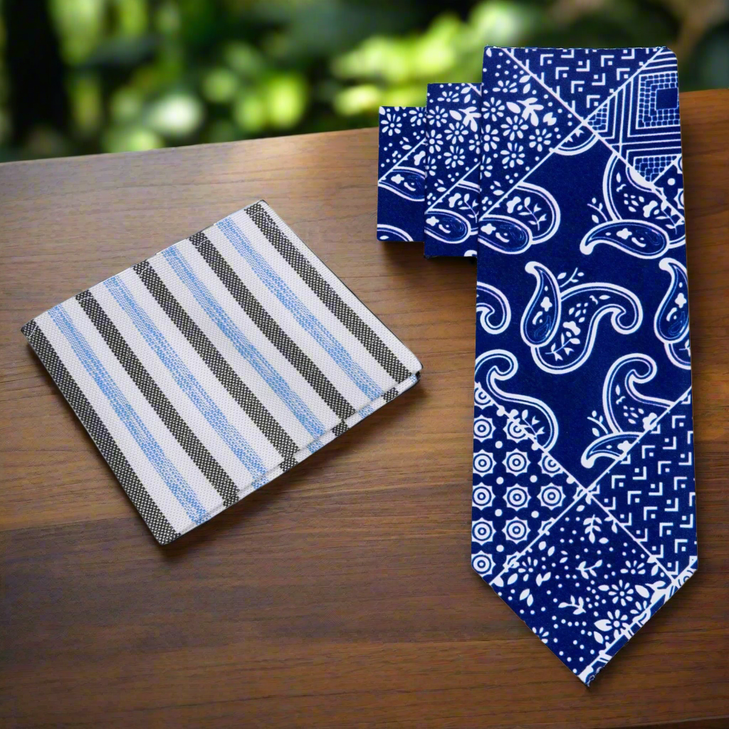 Alt Blue, White Patchwork Bandana Paisley Tie and Accenting Pocket Square